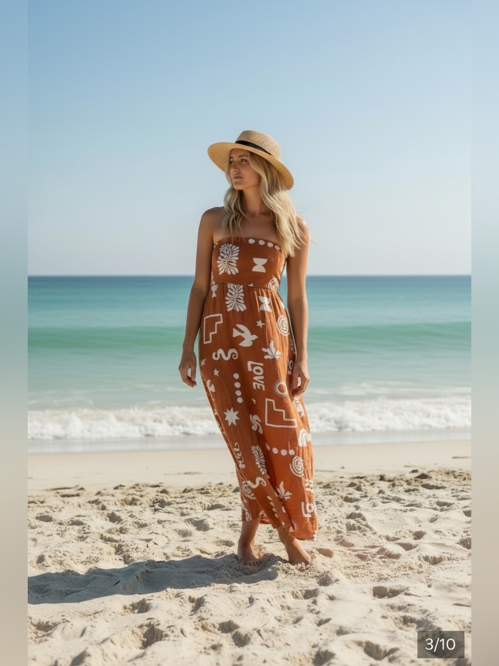 Anthropologie- Paper Heart- Rust Floral & Graphic Strapless Maxi Dress